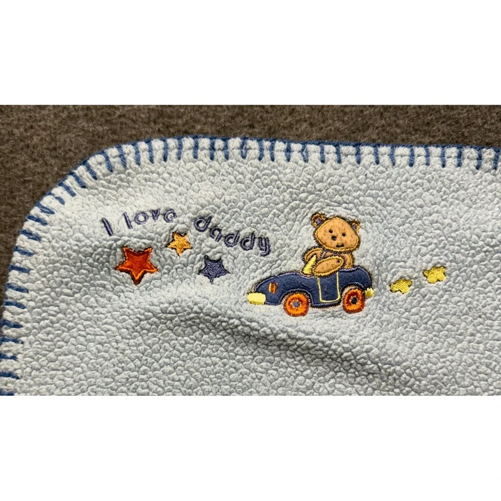 Baby Connection Blue Fleece Blanket I Love Daddy Teddy Bear Car Whipstitch Edge